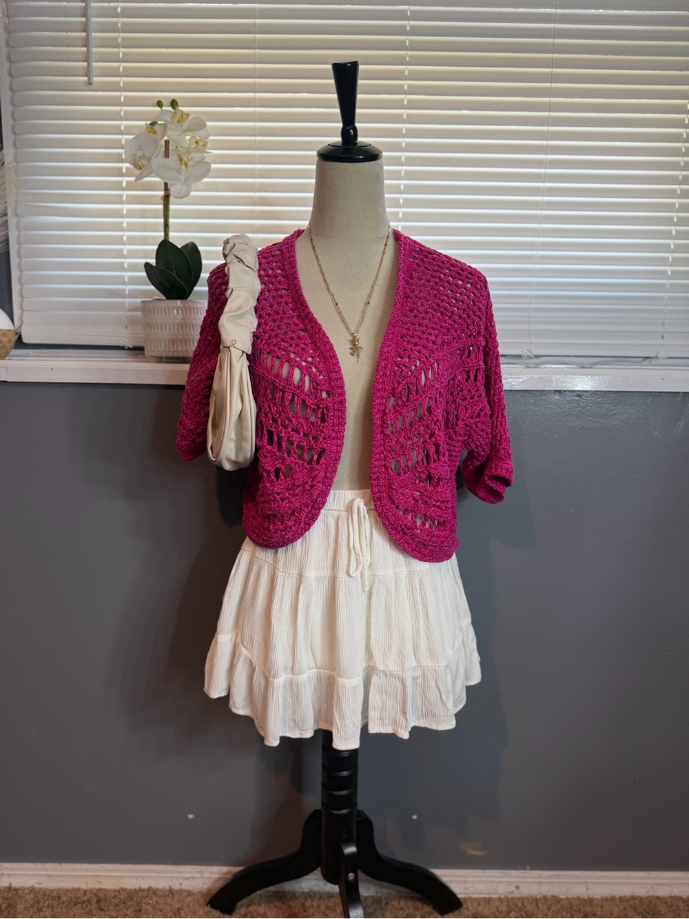 Chico's Open-Knit Cropped Cardigan in Fuchsia